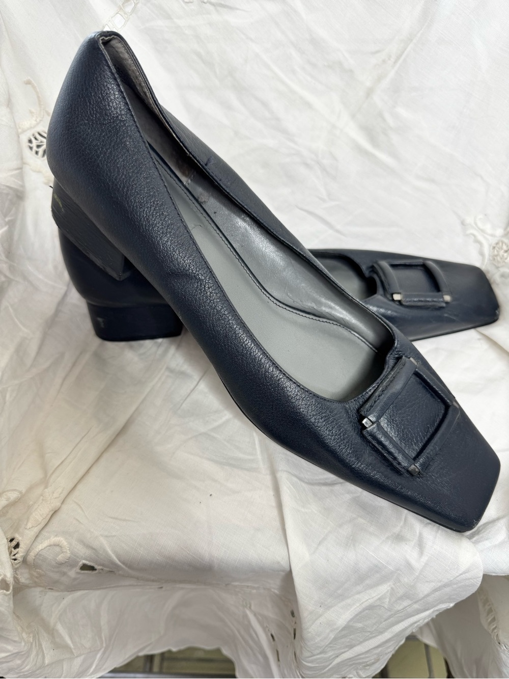 Etienne Aigner Classic Navy Block Heel Pumps with Square Buckle